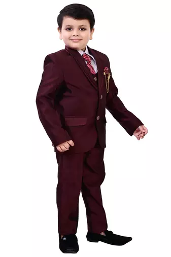 Boys cotton blend 5-piece polka dots printed coat pant suit set - maroon