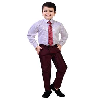Boys cotton blend 5-piece polka dots printed coat pant suit set - maroon 4