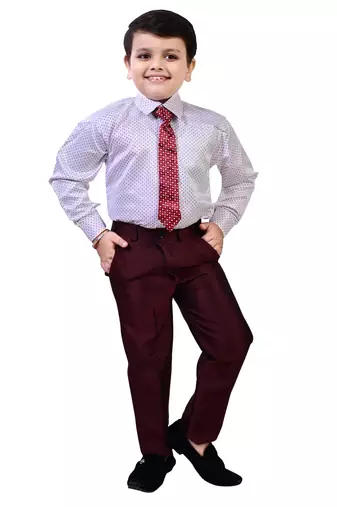 Boys cotton blend 5-piece polka dots printed coat pant suit set - maroon