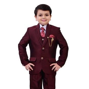 Boys cotton blend 5-piece polka dots printed coat pant suit set - maroon 5