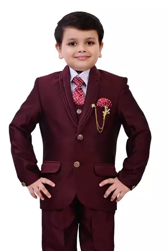 Boys cotton blend 5-piece polka dots printed coat pant suit set - maroon