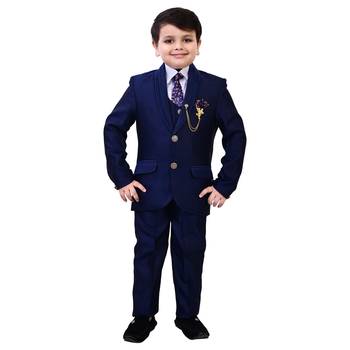 Boys cotton blend 5-piece polka dots printed coat pant suit set - navy blue 1