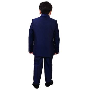 Boys cotton blend 5-piece polka dots printed coat pant suit set - navy blue 2