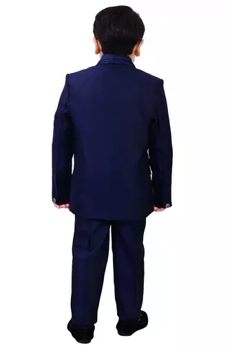 Boys cotton blend 5-piece polka dots printed coat pant suit set - navy blue