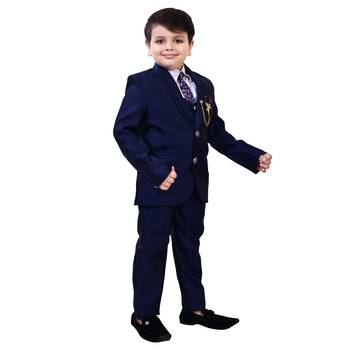 Boys cotton blend 5-piece polka dots printed coat pant suit set - navy blue 3