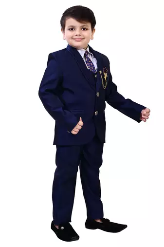 Boys cotton blend 5-piece polka dots printed coat pant suit set - navy blue