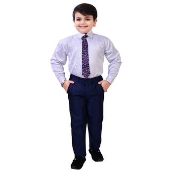 Boys cotton blend 5-piece polka dots printed coat pant suit set - navy blue 4