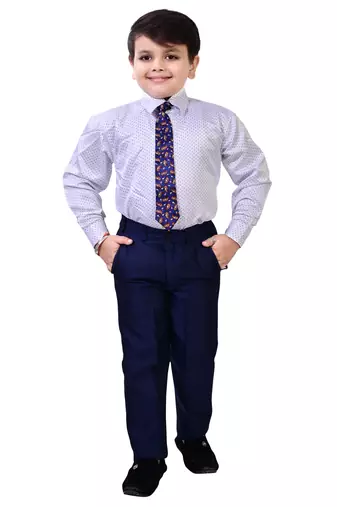 Boys cotton blend 5-piece polka dots printed coat pant suit set - navy blue