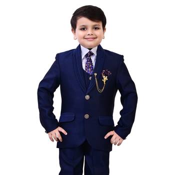 Boys cotton blend 5-piece polka dots printed coat pant suit set - navy blue 5