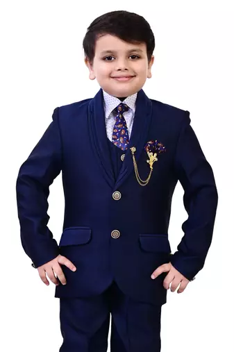 Boys cotton blend 5-piece polka dots printed coat pant suit set - navy blue
