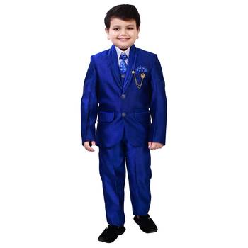 Boys cotton blend 5-piece polka dots printed coat pant suit set - royal blue 1