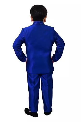 Boys cotton blend 5-piece polka dots printed coat pant suit set - royal blue