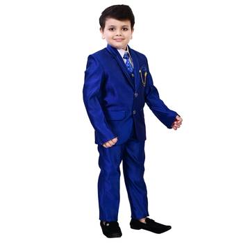 Boys cotton blend 5-piece polka dots printed coat pant suit set - royal blue 3