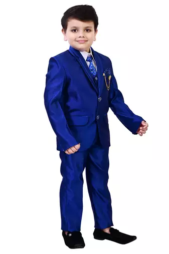 Boys cotton blend 5-piece polka dots printed coat pant suit set - royal blue