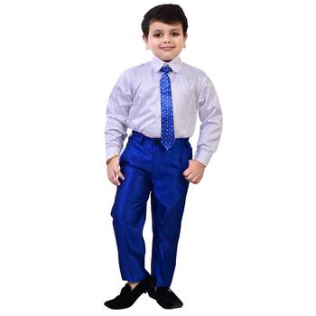 Boys cotton blend 5-piece polka dots printed coat pant suit set - royal blue 4