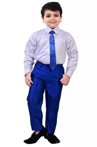 Boys cotton blend 5-piece polka dots printed coat pant suit set - royal blue