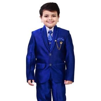 Boys cotton blend 5-piece polka dots printed coat pant suit set - royal blue 5