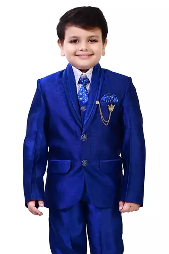 Boys cotton blend 5-piece polka dots printed coat pant suit set - royal blue