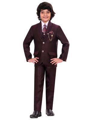 Boys cotton blend 5-piece polka dots printed coat pant suit set - wine 1