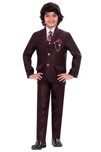 Boys cotton blend 5-piece polka dots printed coat pant suit set - wine