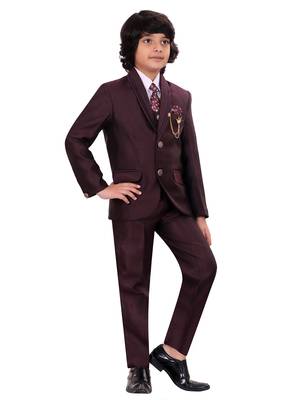 Boys cotton blend 5-piece polka dots printed coat pant suit set - wine 3