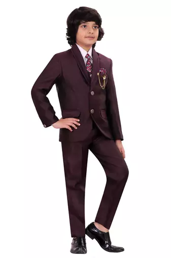 Boys cotton blend 5-piece polka dots printed coat pant suit set - wine