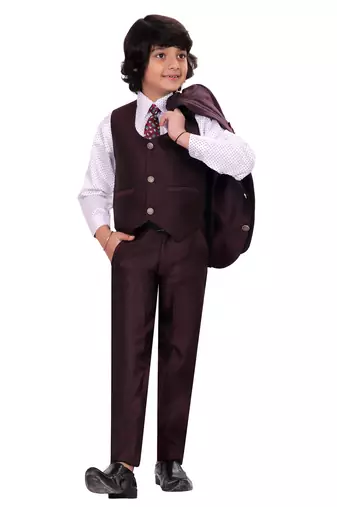 Boys cotton blend 5-piece polka dots printed coat pant suit set - wine