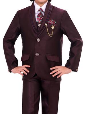Boys cotton blend 5-piece polka dots printed coat pant suit set - wine 5
