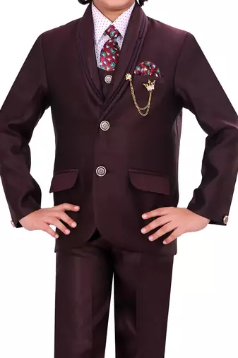 Boys cotton blend 5-piece polka dots printed coat pant suit set - wine