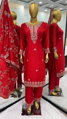 Red Colour Trending Festival Wear Chinnon Silk Stright Fully Stitched Salwar Suit 1