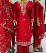 Red Colour Trending Festival Wear Chinnon Silk Stright Fully Stitched Salwar Suit