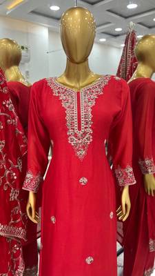 Red Colour Trending Festival Wear Chinnon Silk Stright Fully Stitched Salwar Suit 3