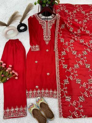 Red Colour Trending Festival Wear Chinnon Silk Stright Fully Stitched Salwar Suit 4