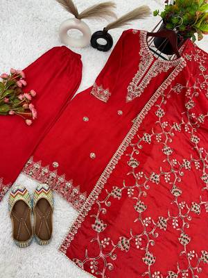Red Colour Trending Festival Wear Chinnon Silk Stright Fully Stitched Salwar Suit 5
