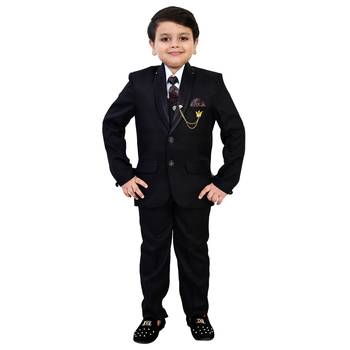 Boys cotton blend solid 5-piece coat suit set - black 1
