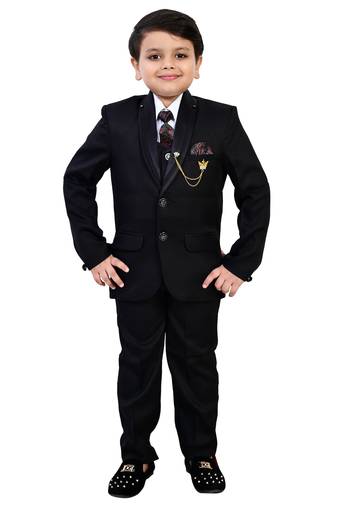 Boys cotton blend solid 5-piece coat suit set - black