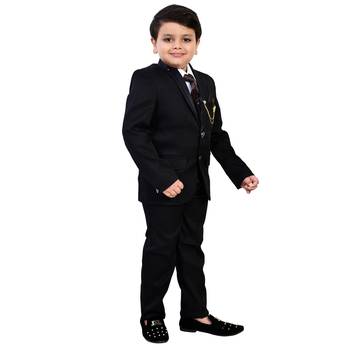 Boys cotton blend solid 5-piece coat suit set - black 3