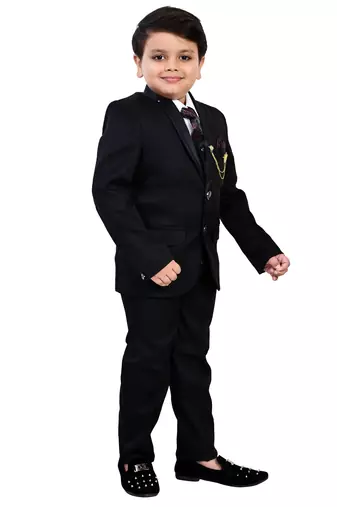 Boys cotton blend solid 5-piece coat suit set - black