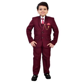 Boys cotton blend solid 5-piece coat suit set - maroon 1