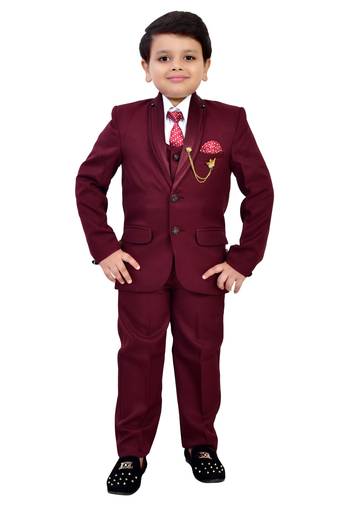 Boys cotton blend solid 5-piece coat suit set - maroon