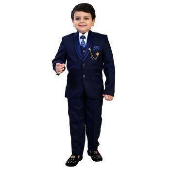 Boys cotton blend solid 5-piece coat suit set - navy blue 1