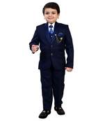 Boys cotton blend solid 5-piece coat suit set - navy blue
