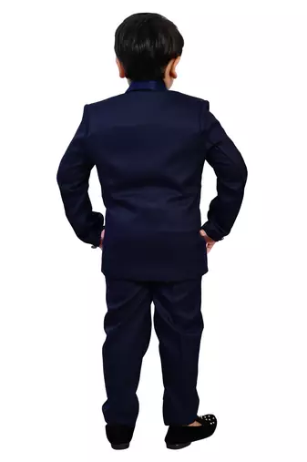 Boys cotton blend solid 5-piece coat suit set - navy blue