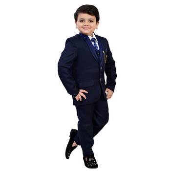 Boys cotton blend solid 5-piece coat suit set - navy blue 3