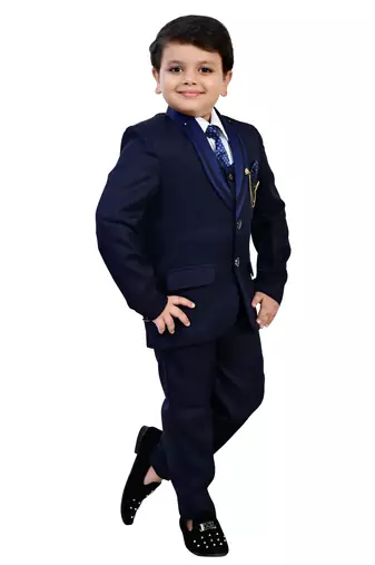 Boys cotton blend solid 5-piece coat suit set - navy blue