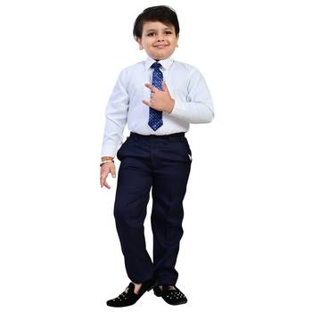 Boys cotton blend solid 5-piece coat suit set - navy blue 4