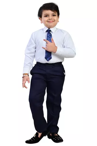 Boys cotton blend solid 5-piece coat suit set - navy blue