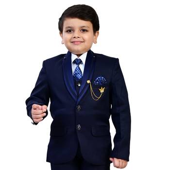 Boys cotton blend solid 5-piece coat suit set - navy blue 5