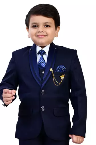 Boys cotton blend solid 5-piece coat suit set - navy blue