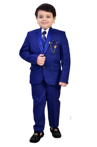 Boys cotton blend solid 5-piece coat suit set - royal blue